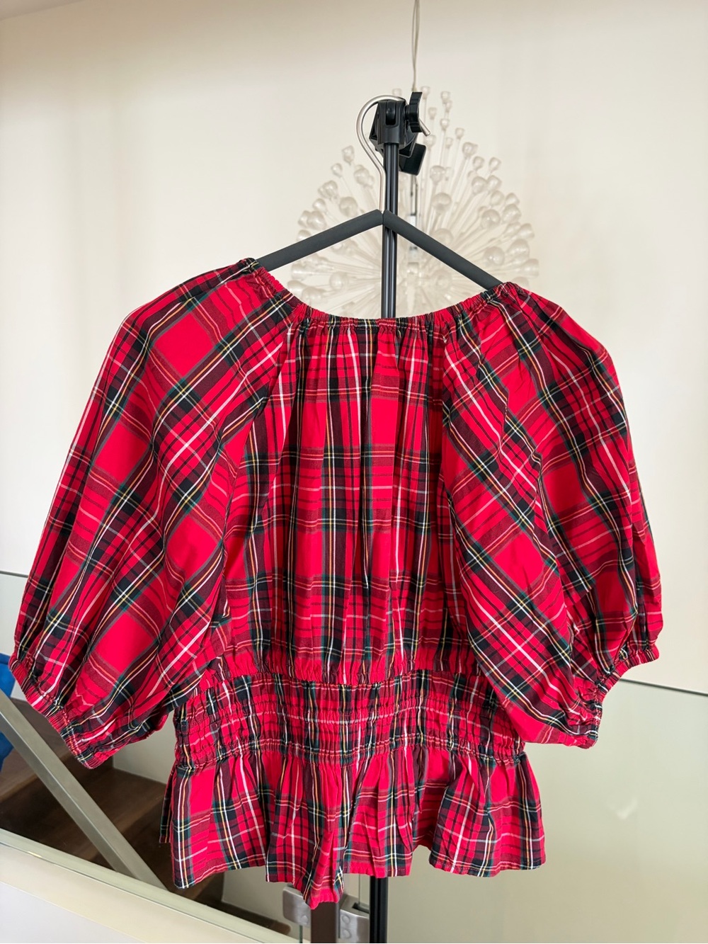 Old Navy Red Plaid Peasant Blouse with Puff Sleeves - Picture 2 of 3